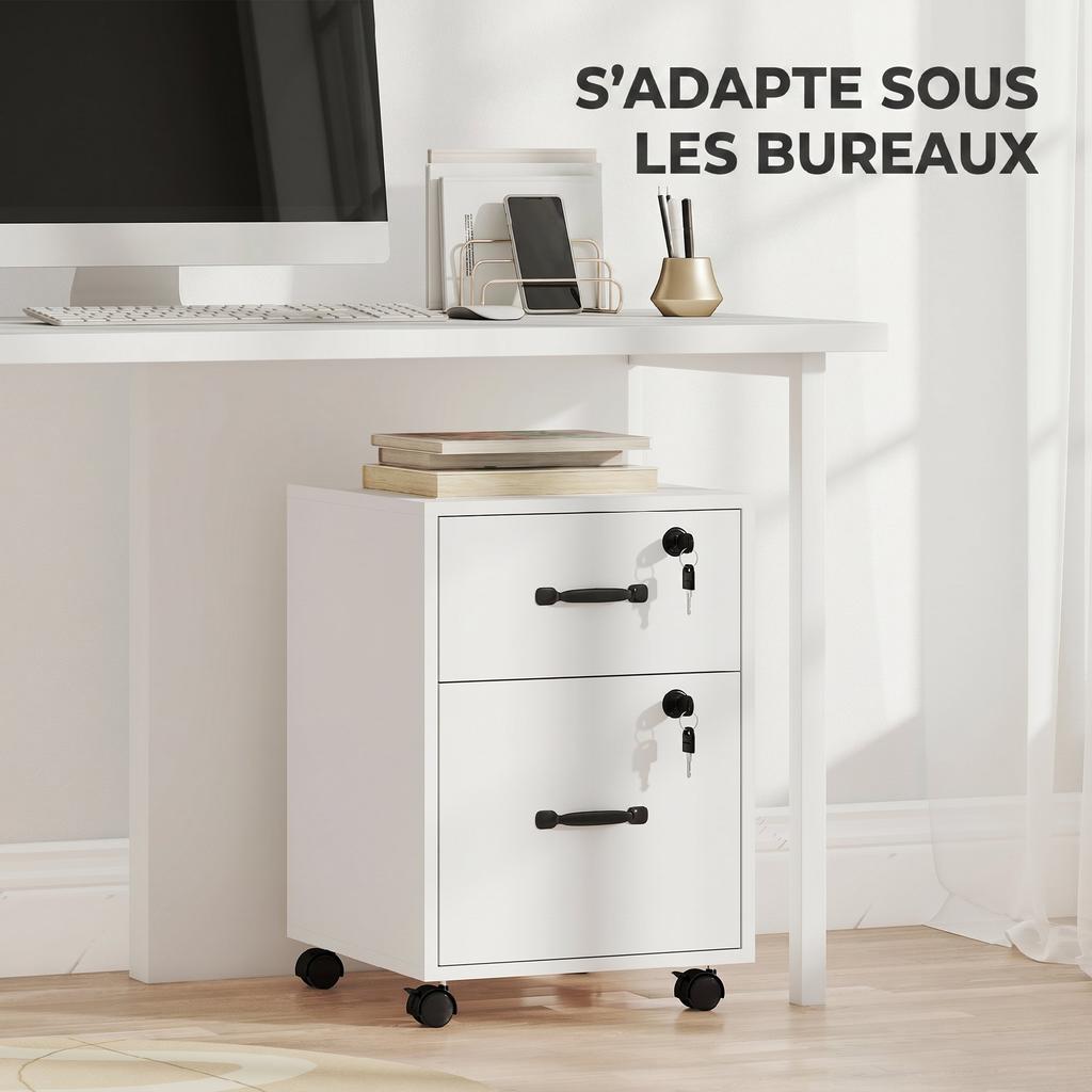 Mobile Office Pedestal, 2 Drawers, Casters, Hanging Letter-Size Documents, White