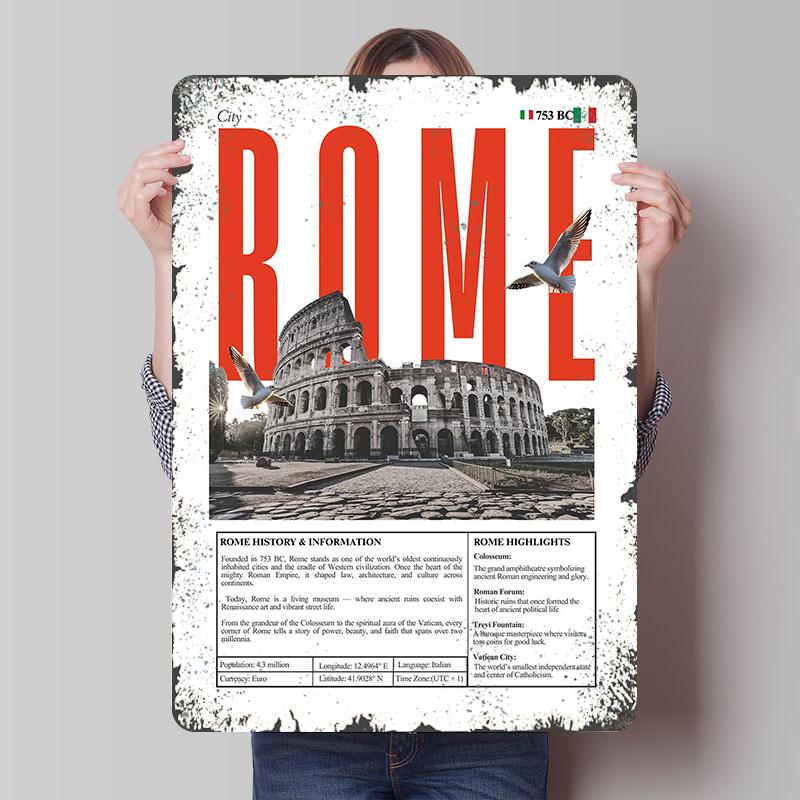 

Rome City Travel Tinplate Poster Customized Wall Art Vintage Retro Metal Signs for Modern Home Decoration Luxury Coffee Bar Room 7.9x11.8In(20x30cm)