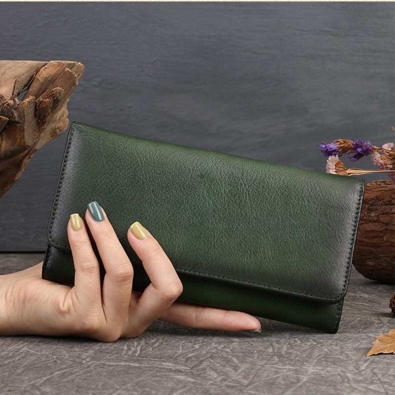 Johnature Retro Genuine Leather Women's Wallet Long Hand Bag Natural Cowhide Solid Color Phone Purse Card Holder