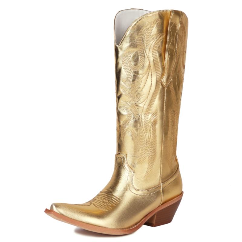 

Белые женские ботфорты 2025 Зимние в стиле вестерн Ковбойские ботинки для женщин Клиновидный каблук Роскошные золотые серебряные туфли для вечеринки Леди 35 золотой