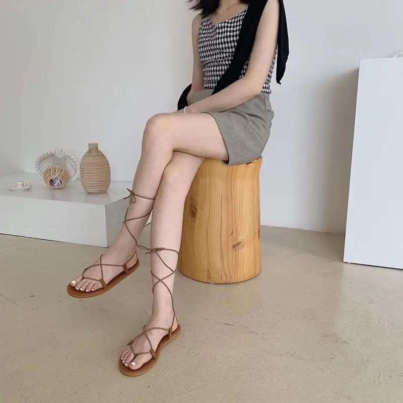 With Strap Sandals for Women Open Toe Outdoor Summer 2025 Flat Rubber No Heel Footwear Flip-flops Beach Ladies Shoes Roman Style