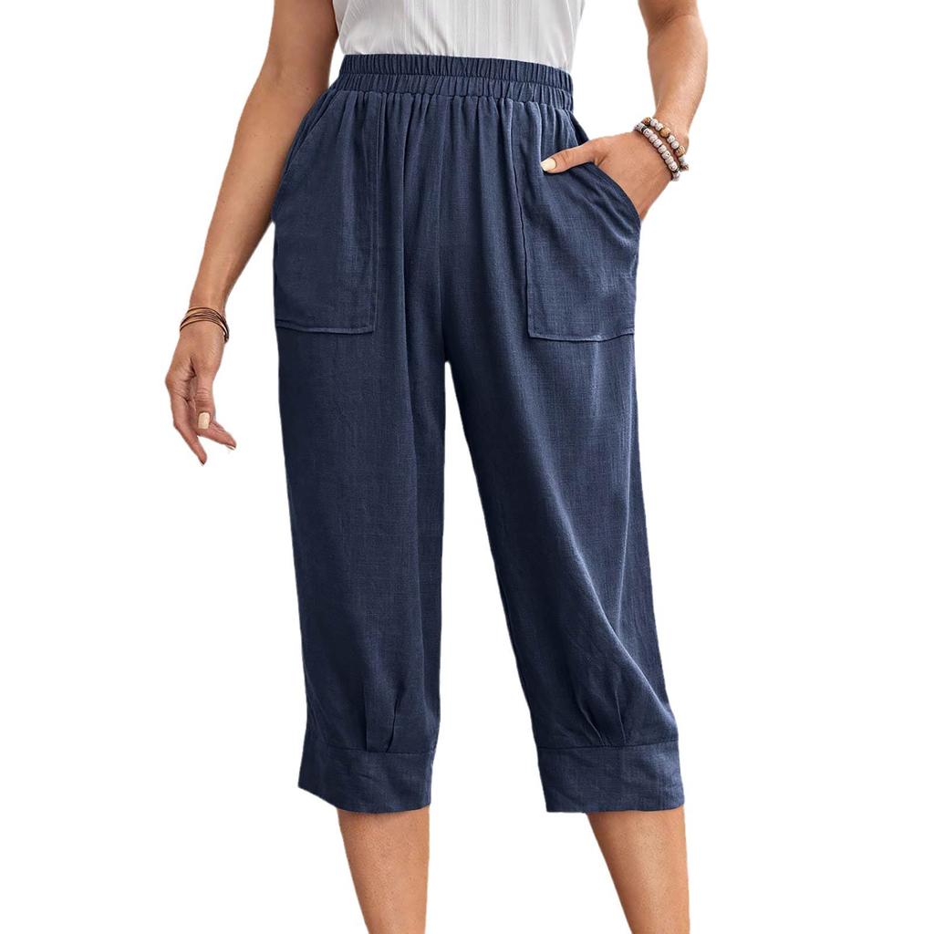 Spring and Autumn Solid Color Large Pocket Pants Elastic Waist Loose Women’s Trousers