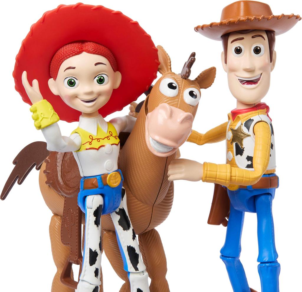 Mattel Disney Pixar Storytellers Toy Story Jessie fully articulated action main characters 3-Pack Woody, & Bullseye, 4-inch figures, collectibles.