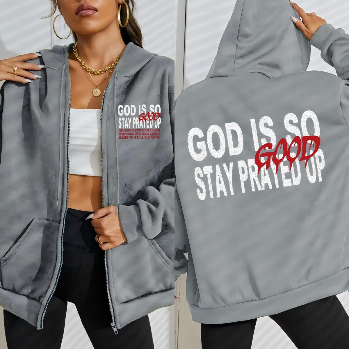 

God Is So Good Stay Prayed Up Print Women Zipper Hoody Autumn Loose Clothes Casual Fleece Hoodies Tracksuit S