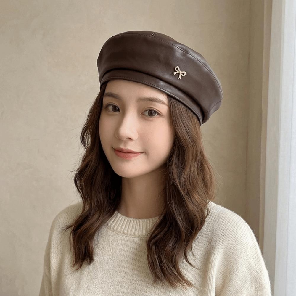Bow Octagonal Hat Solid Color Painter Hat Fashion PU Leather Beret Ladies