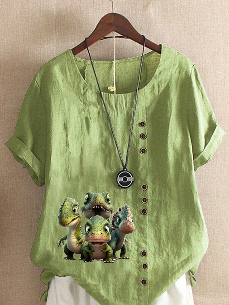 Women's Fashion Dinosaur Print Round Neck Short Sleeve T-shirt Casual Cotton Linen Graphic Shirt Leisure Loose Summer Blouse Tops