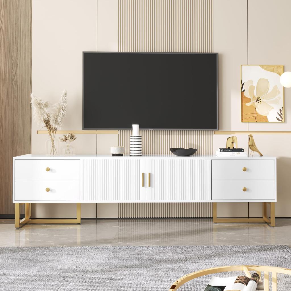 TV Schrank 170x40x53 cm Lowboard Schubladen Moderner Fernsehtisch Goldene Griffe Füße Wohnzimmer Esszimmer Weiß