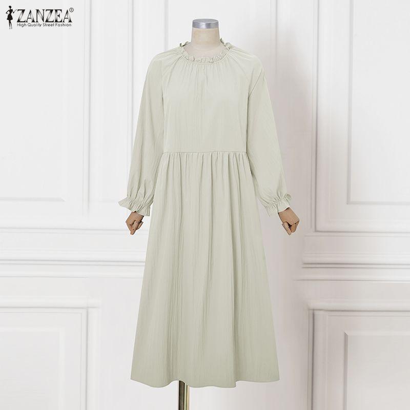 ZANZEA Women Casual Round Neck Long Sleeve Casual Baggy Long Maxi Swing Dress