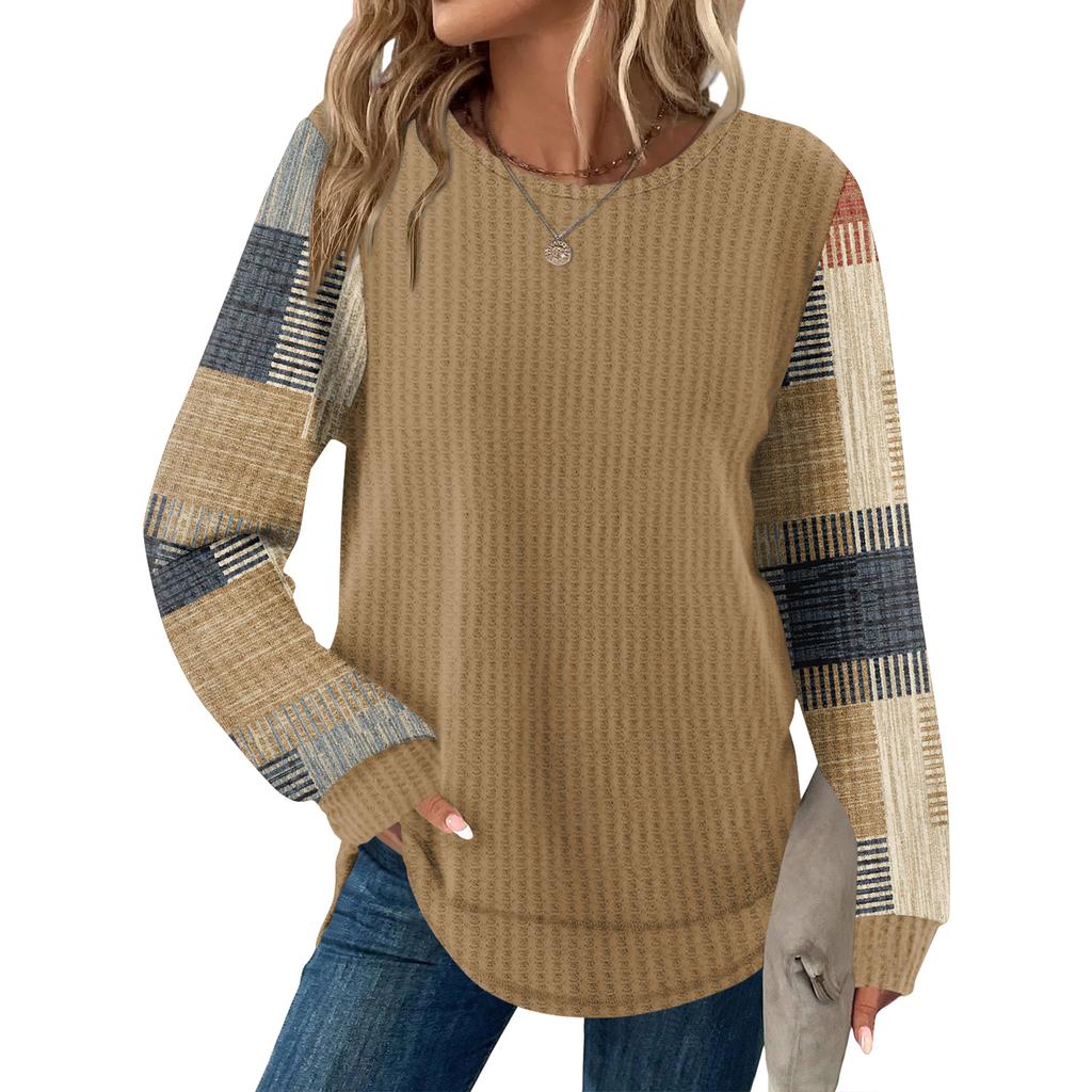 Damrutig tryck rund hals långärmad ledig lös topp