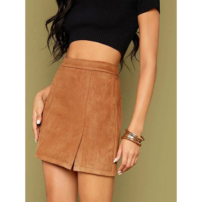 Damen Wildleder Wickelrock mit hoher Taille, Reißverschluss, einfarbig, Neckholderrock