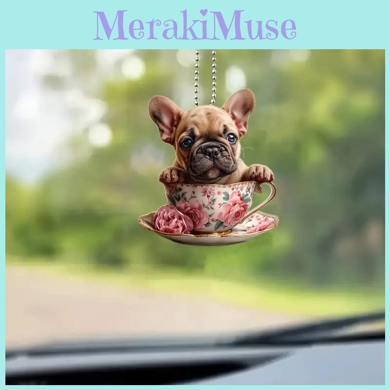 Creative Cartoon Acrylic Flat Dog Tea Cup Car Hanging Ornament For Interior Decoration