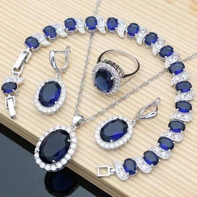 Red Garnet Cubic Earrings Pendant Necklace Bracelet Ring Set