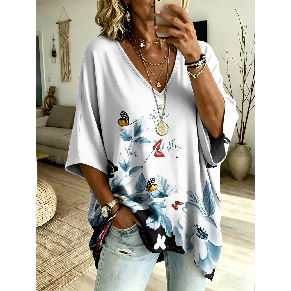 Women's Large Size V-neck Top, Elegant, Comfortable and Simple Butterfly Pattern Print Large Size Women's V-neck T-shirt
