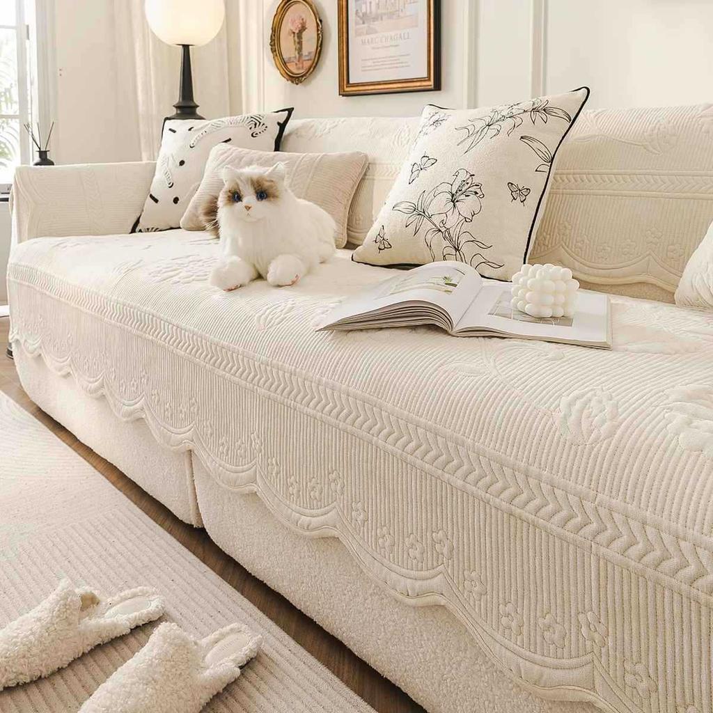 Solid color chenille sofa cushion, high-end sense, universal in all seasons, anti-cat scratch and non-slip, new straight row sofa, seat cushion cover
