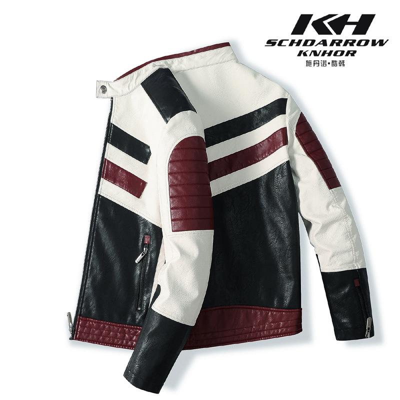 

Чоловіча мотоциклетна шкіряна куртка зі стоячим коміром. Мотоциклетний гоночний костюм. Куртка зі штучної шкіри в стилі печворк. Модна брендова куртка. XL червоний