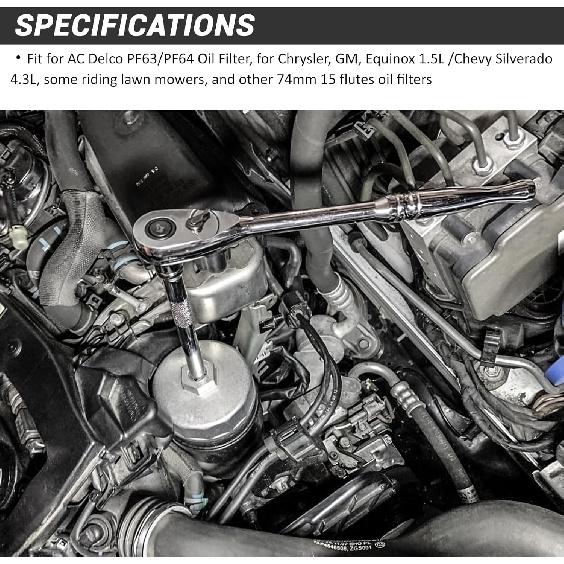 73-74Mm 15 Flutes Oil Filter Cap Wrench Removal Tool Socket Compatible With AC Delco PF63/PF64 Oil Filter, For Chrysler, GM, Equinox 1.5L And Chevy