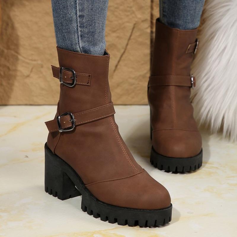New Autumn and Winter New Fashion Boots Women's Belt Buckle Fashion High Heel Thick Bottom Versatile Women