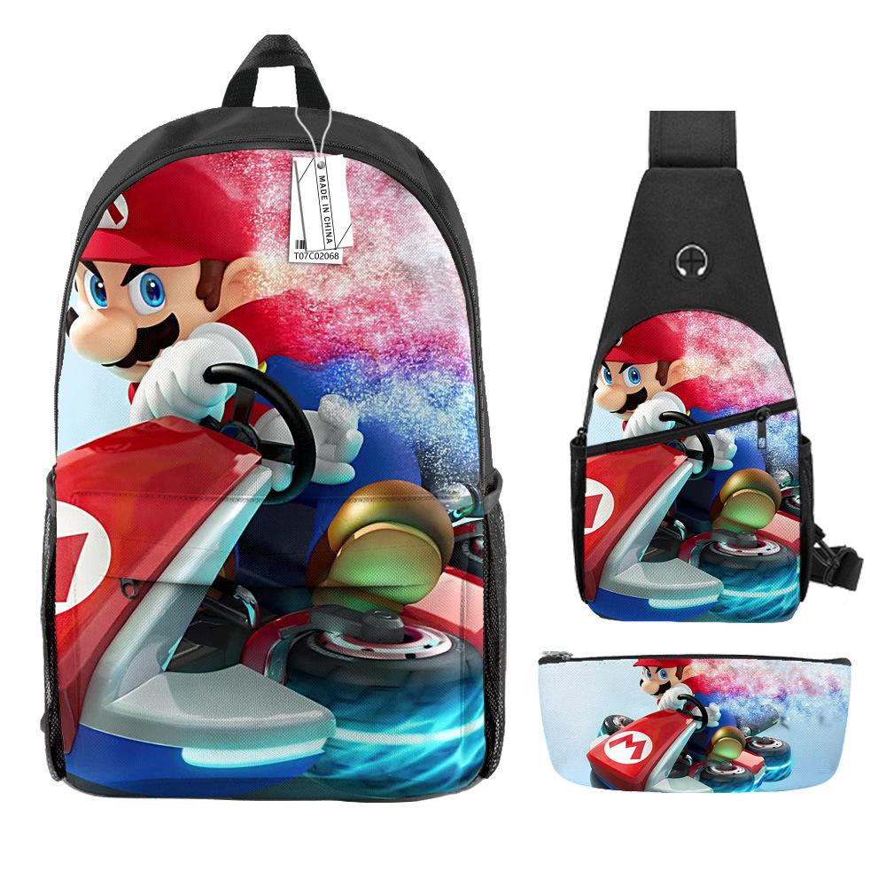 Animation Backpack, Super Mary Primary School Student Print Children'S Backpack Satchel Pencil Case Three-Piece Set