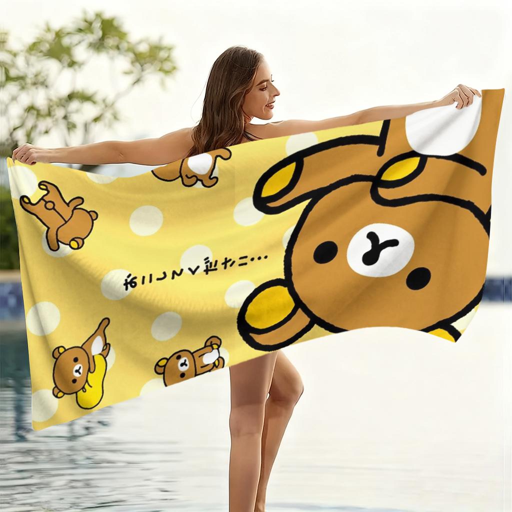 R-Rilakkuma Yellow Polka Dot Beach Towel, Cute Cartoon Bear Quick Dry Towel, for Swimming Pool, Travel, Camping and Daily Use