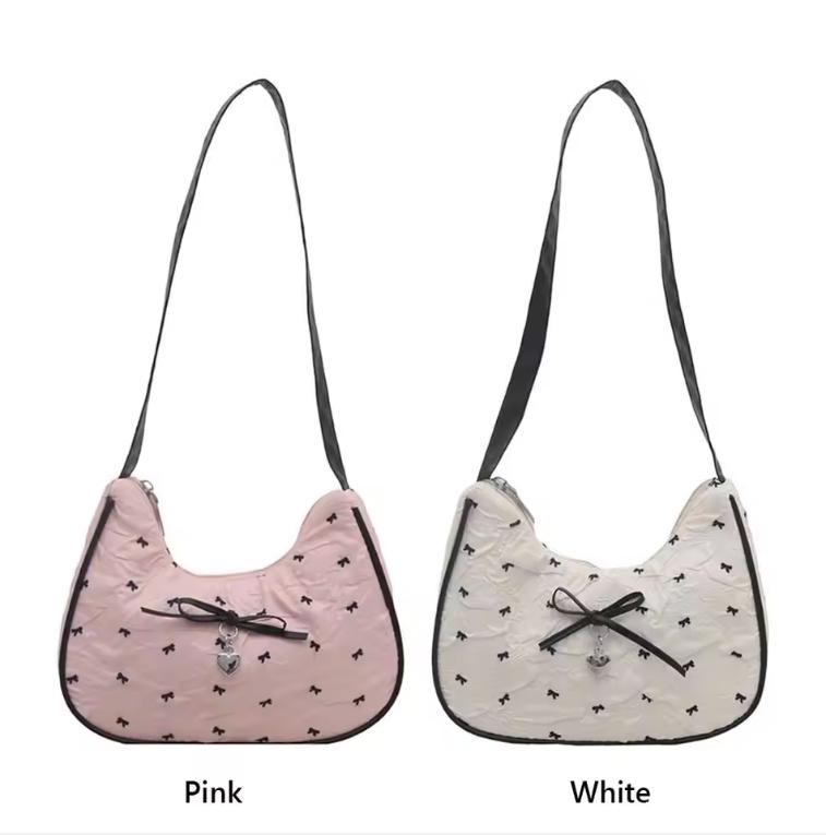 Trendy Pink White Shoulder Bag Large Capacity Casual Tote Bag Bowknot Satchels Bag Teenage Girls
