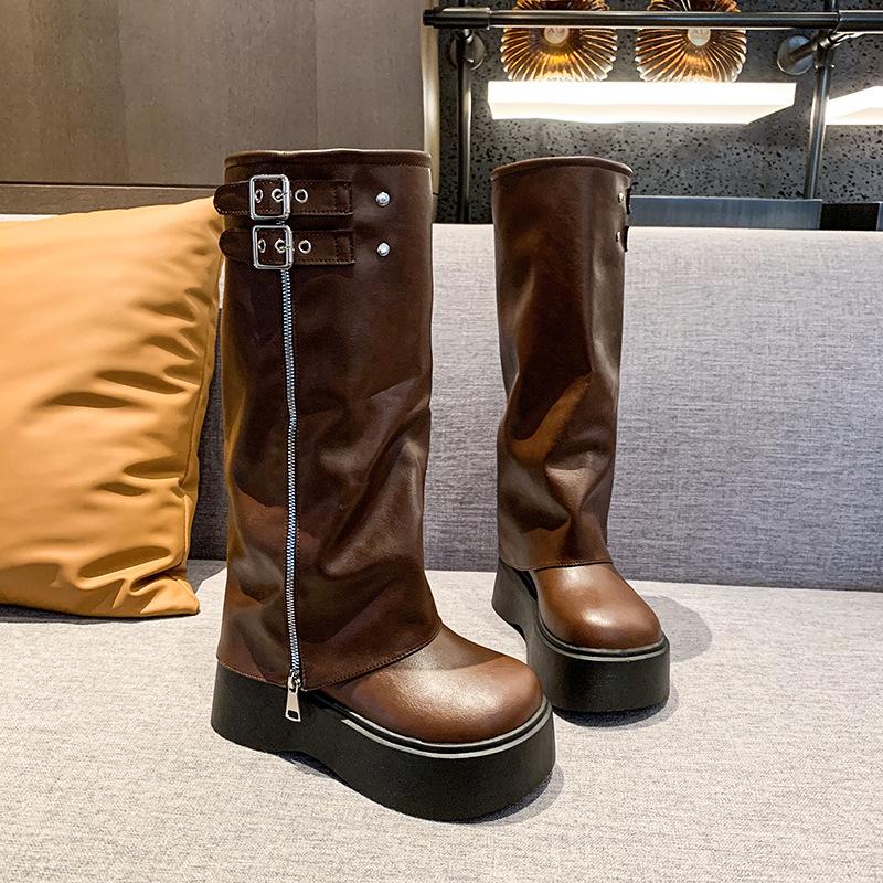 

Женские высокие сапоги тонкие рыцарские сапоги новые весенне-осенние универсальные на небольшой толстой подошве увеличивающие рост высокие сапоги 40