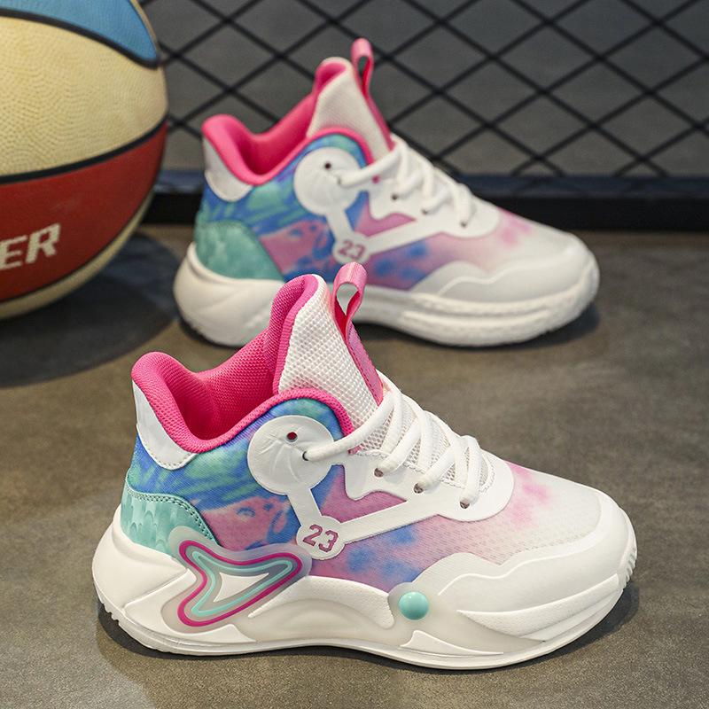 Children's basketball shoes spring and autumn boys high-top sports shoes 2025 mesh white shoes medium and older children's breathable running shoes