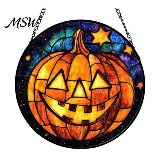 Sunproof Courtyard Decorations Halloween Stained Glass Suncatcher Ornament, Vintage Hanging Window Decor with Pumpkin Ghost Bat Witch Retro Dark Style