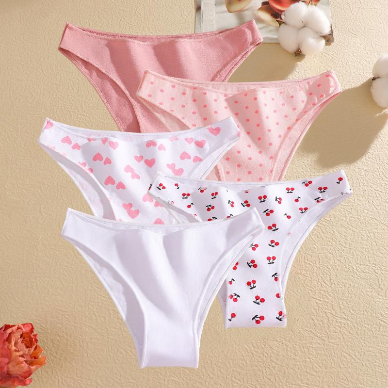 FINETOO 5Pcs/Set Seamless Cotton Cherry Lips Printing Panties Women Sexy Low Waist Cotton Crotch Spring Autumn Underwear Ladies Lingerie
