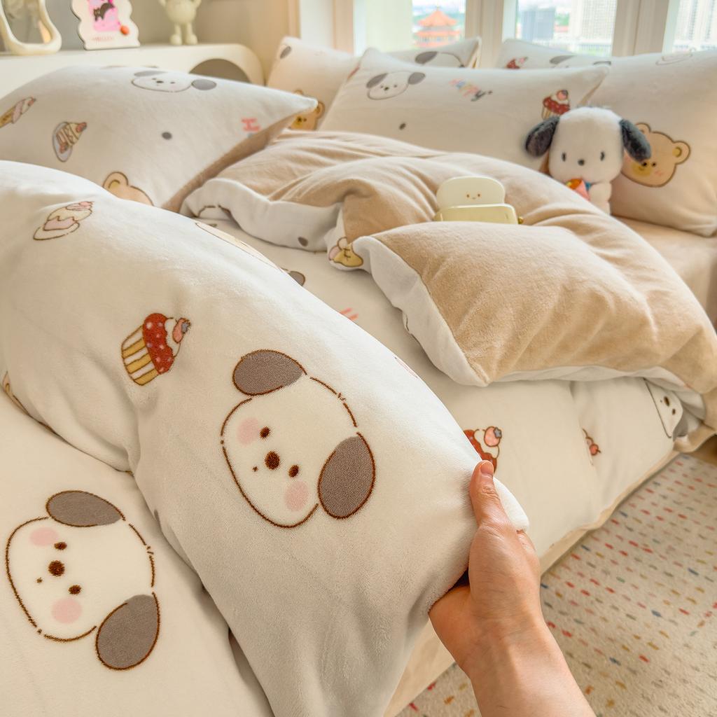 Thickened Milk Fleece Quilt Cover Single Piece Coral Fleece Quilt Cover Four-Piece Set Double-Sided Flannel Fleece
