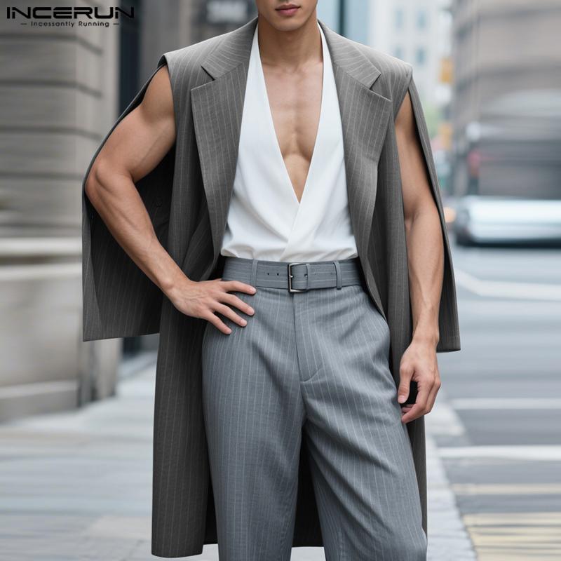 INCERUN Oversized Men Lapel Sleeveless Striped Patchwork Layers Thin Blazer Casual Long Coats