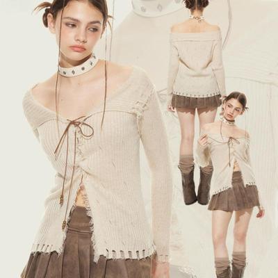 Frühling Damen Neu Spice Girl Stil Loch-Riemen Schlank geschnitten Langarm Pullover