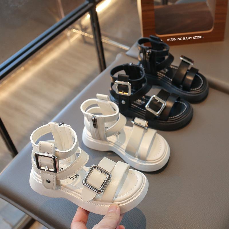 High Top Girls Roman Sandals Summer New British Style Fashion Princess Sandal with Hardware Vacation Children Beach Shoes I05239