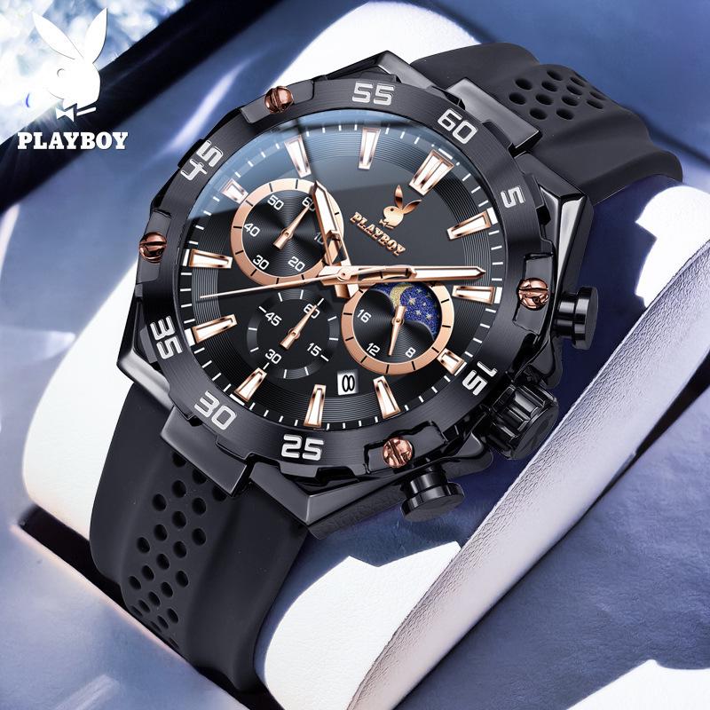 Playboy Men's Multi-Function Waterproof Sports Watch with Large Dial and Three Eye Design.