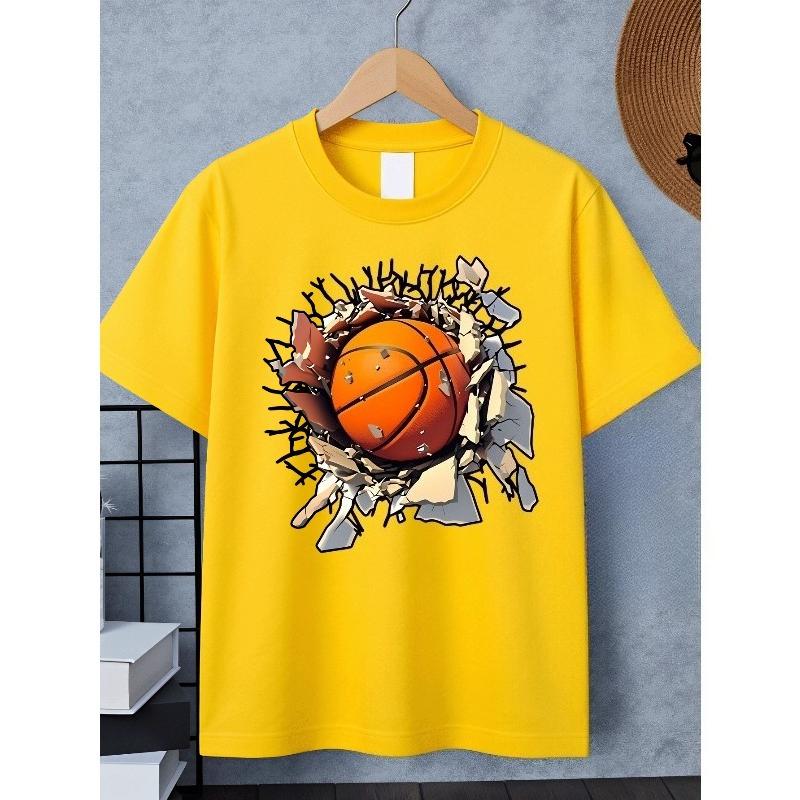 European sizes Boys' T-Shirt Basketball Breakthrough Wall Pattern, Ideal for Outdoor Activities, Soft Knitted Top, Comfortable And Breathable