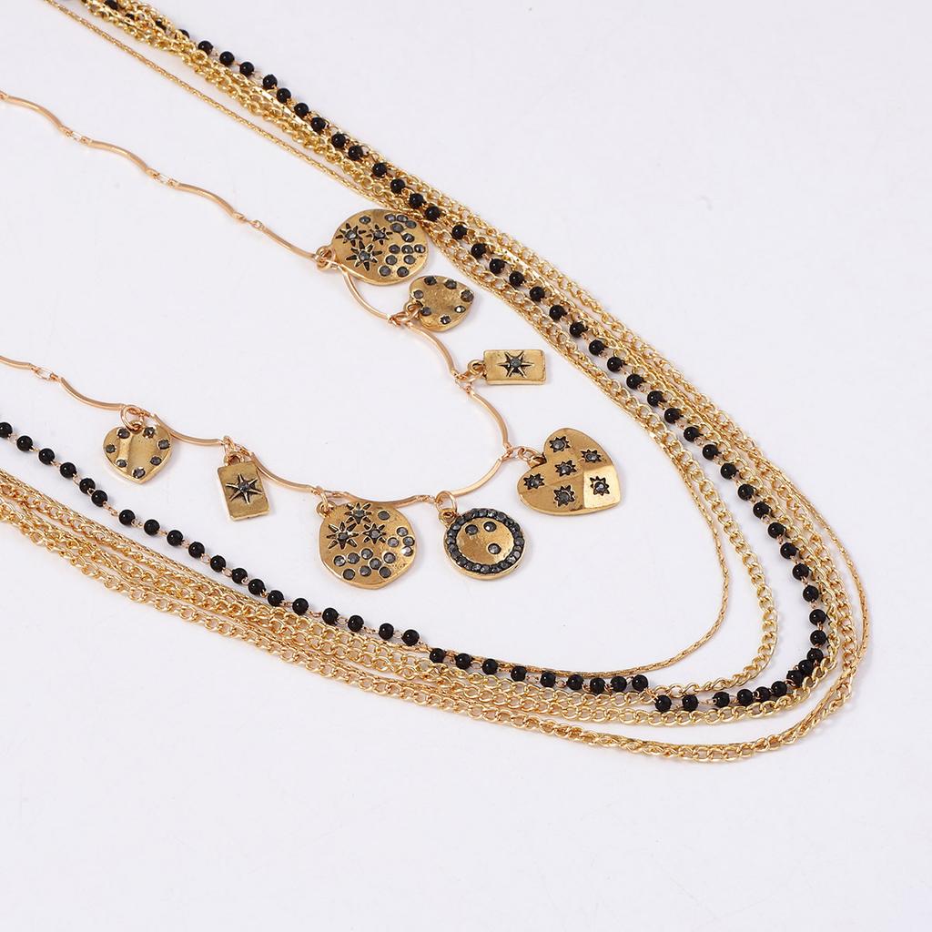 Personality Trend Light Luxury Design Sense Multi-layer Beaded Chain Stacked with Alloy Geometric Pattern Pendant Necklace