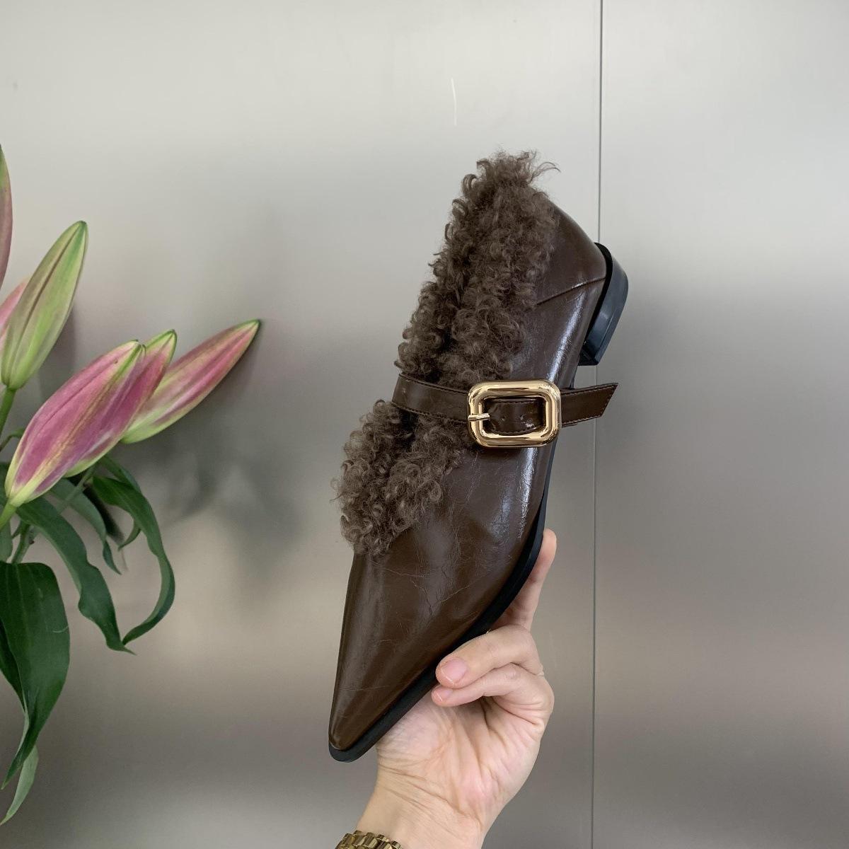 

2025 весна и осень новые туфли Mao Mao с заостренным носком и одной педалью, женские туфли Mary Jane на плоской подошве со стразами 39