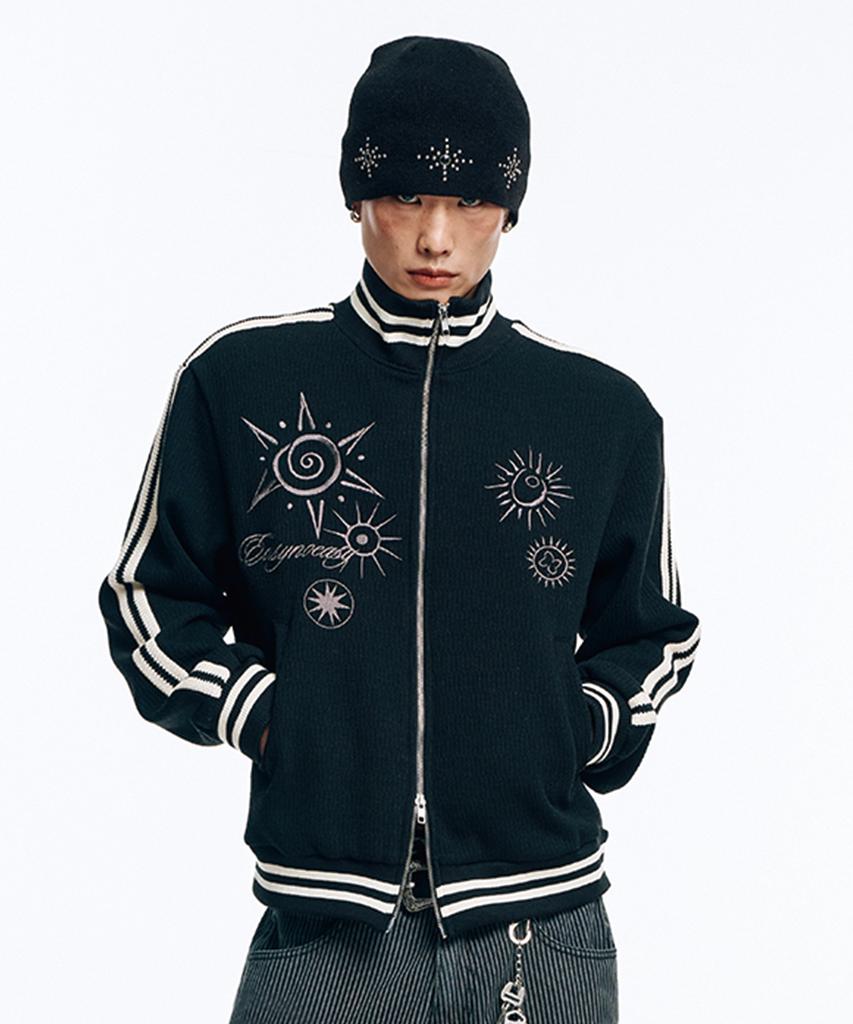 EASY NO EASY Embroidered Track Zip-Up Knit - Black