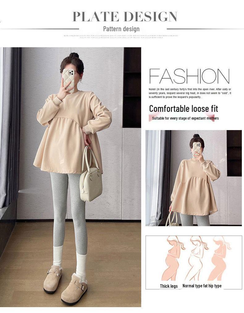 Maternity Korean Style Two-Piece: Color-Reducing, Age-Reducing Baby Doll Shirt & Long-Sleeved Sweatshirt - Plus Size, Slimming, Cover Belly.