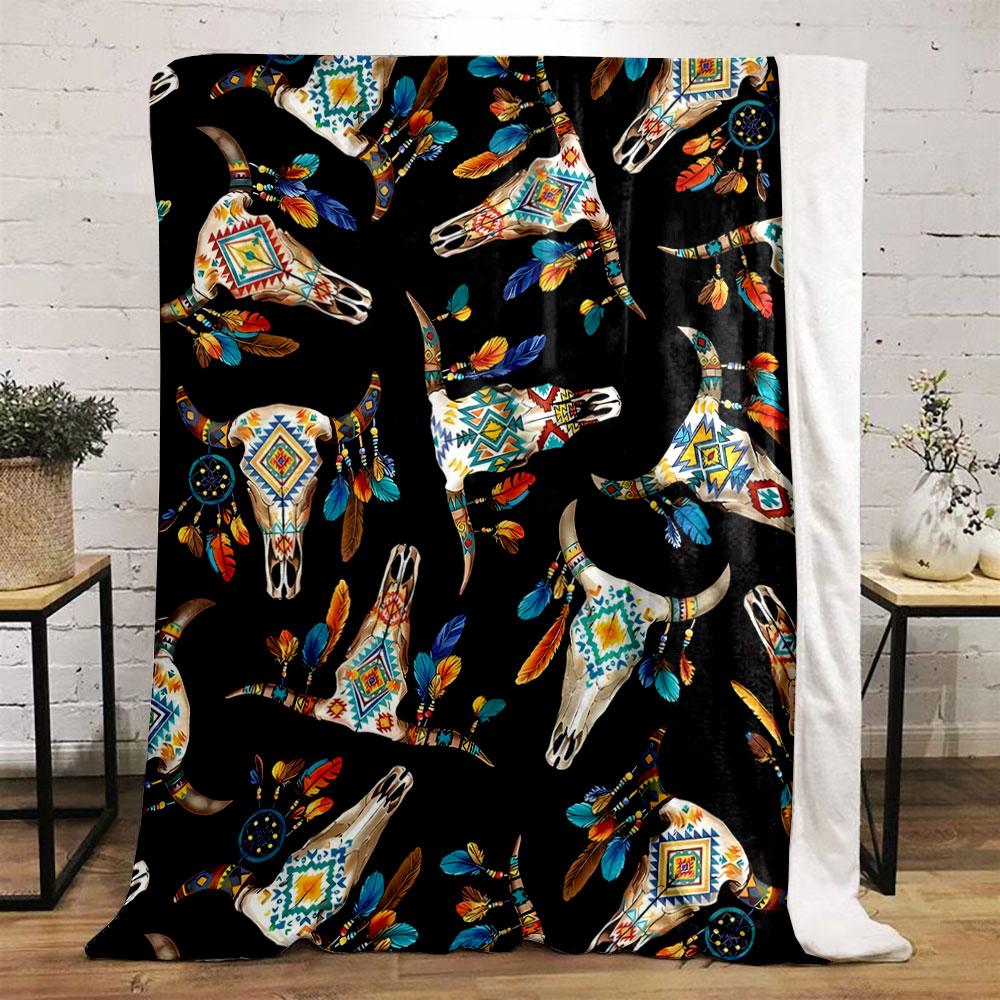 Bohemian Cow Skull Feather Blanket Bedroom Blanket for Livingroom Couch Lunch Break Soft Throw for Friend's Festival Gift