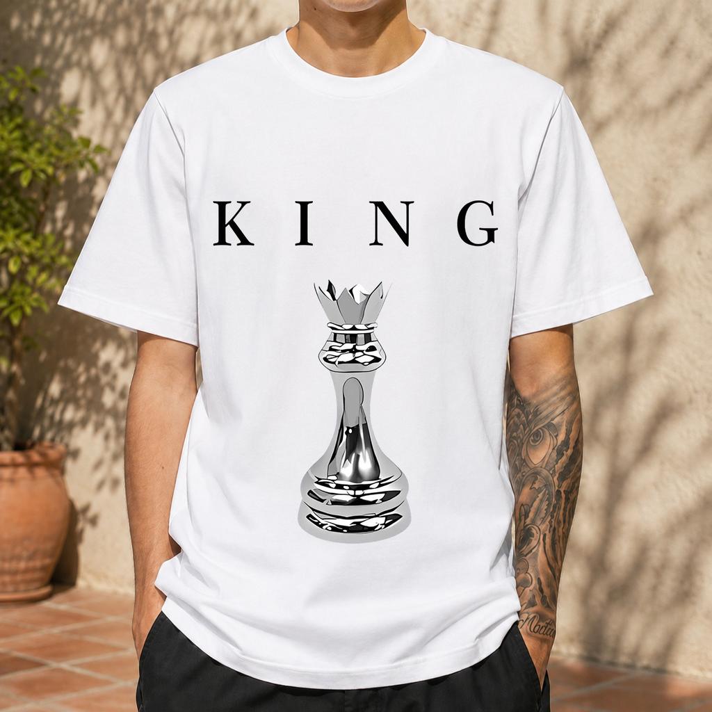 2026 New Pure Cotton Tshirt With Vintage 3d Metallic King Chess Piece Print Crew Neck Casual Short Sleeves