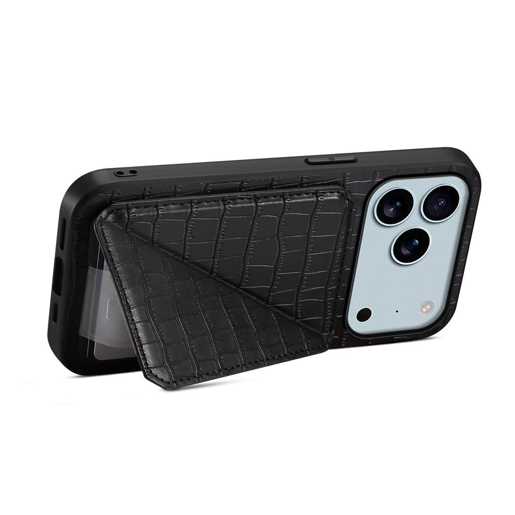 For iPhone 17 Pro Case with Card Holder Leather+PC+TPU Crocodile Textured Back Cover
