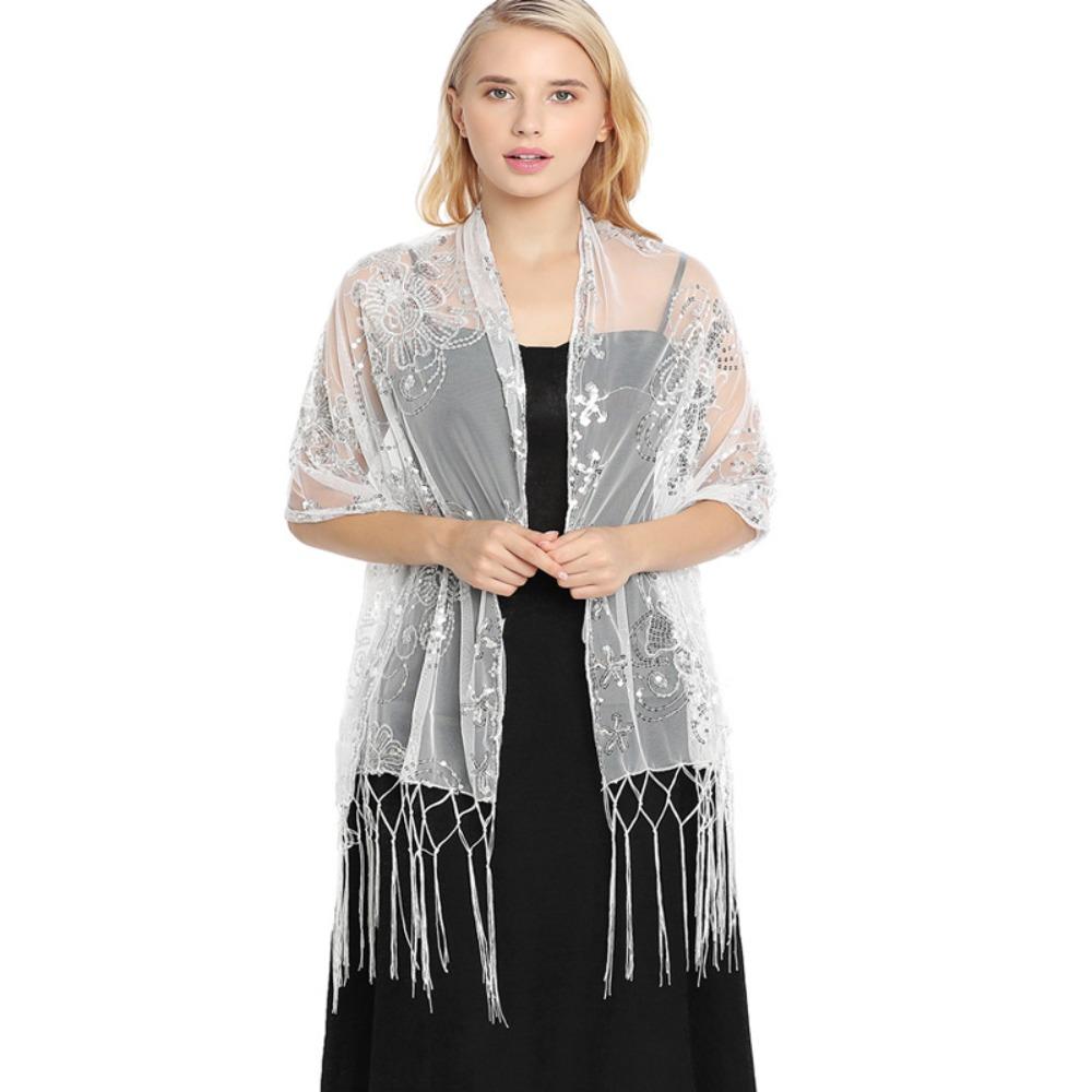 Women Evening Dress Wedding Shawl Solid Color Tassel Party Shawl Scarf Sequined Flower Chiffon Silky Scarf