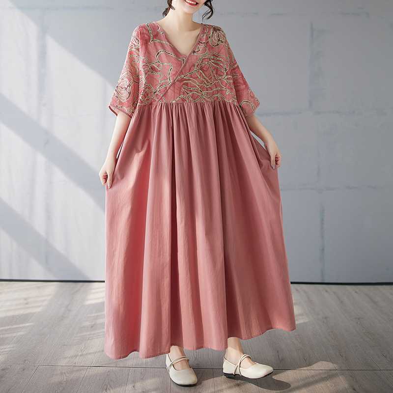 Cotton and Linen Patchwork Retro Style Dress, Long Skirt