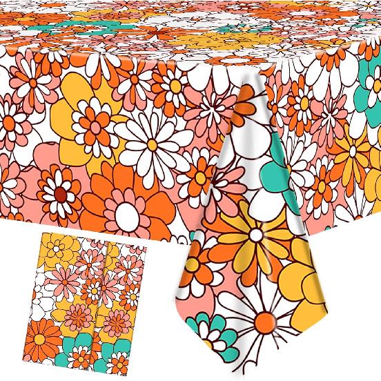 Augisteen 2 PCS Groovy Tablecloth Plastic Boho Daisy Table Covers Daisy Flower Tablecloth Hippie Retro Floral Disposable Tablecloths Waterproof for 2