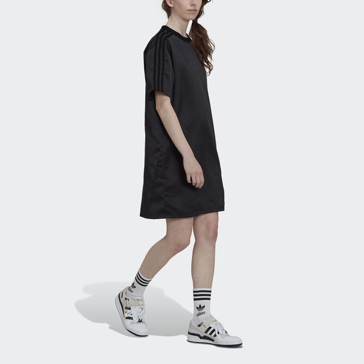 Adidas Originals Trefoil SS22 Seitenschlitz Kordelzug Klassisches Drei-Streifen Kurzarmkleid Damenkleid Schwarz HK5079