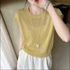 2026 Summer Orange Ice Silk Knitwear: Stylish Round Neck Short Sleeve Solid Color Top for Petite Women