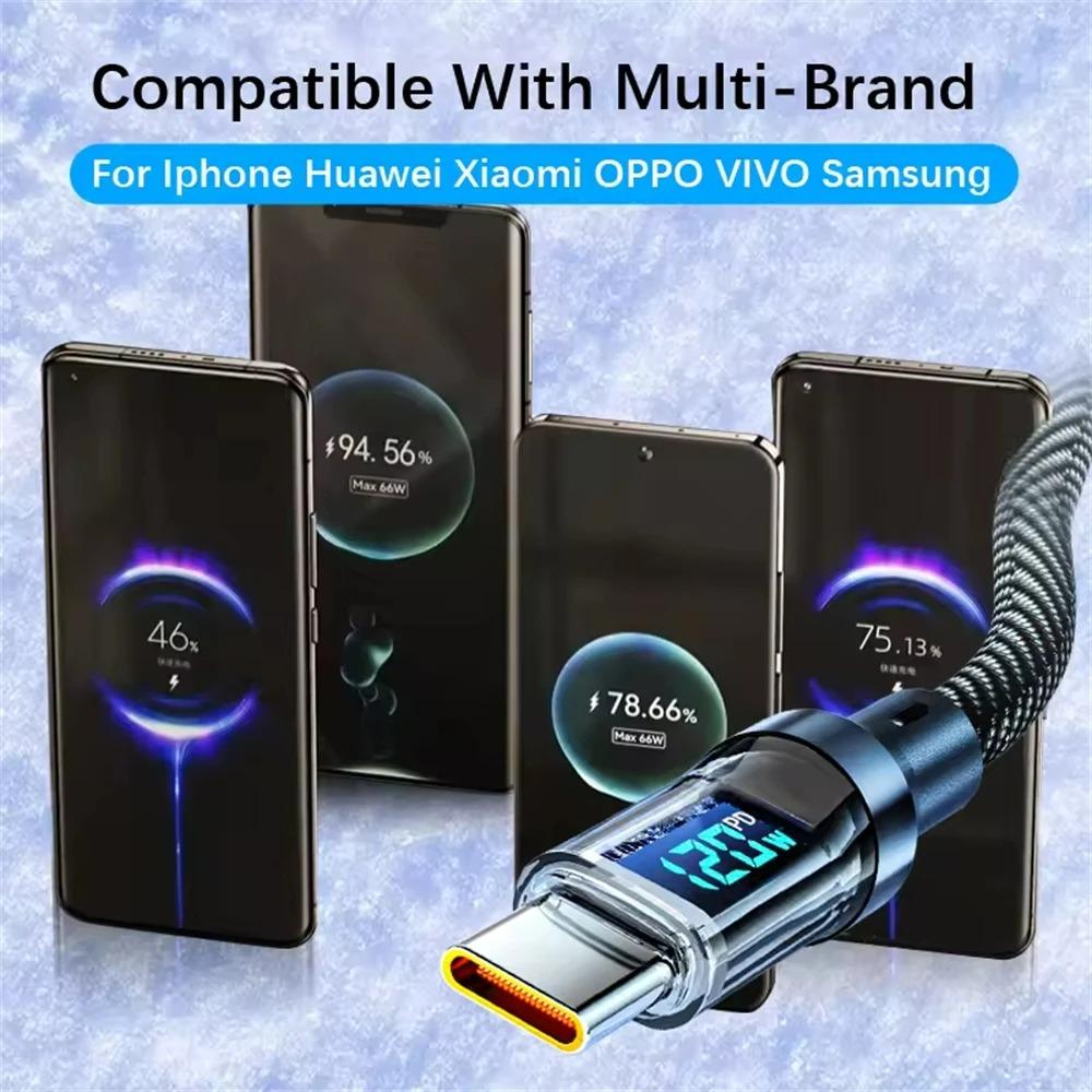 120W USB to Type C Data Cable LED Display 100W Dual USB C Fast Charging Data Cord 1/1.5/2M Portable PD Fast Charge Line For Home