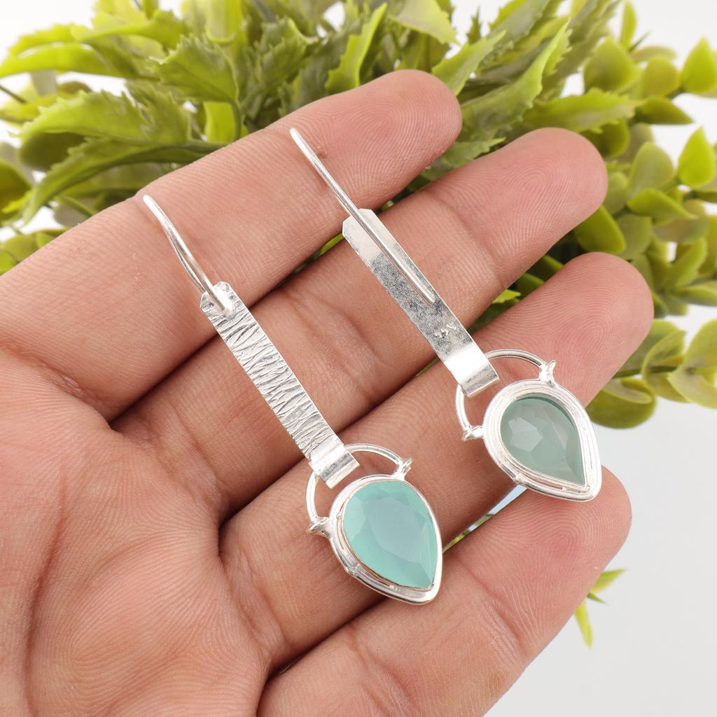 Aqua Chalcedon Ručně vyráběné šperky z drahokamů, 925 Pevné sterlingové stříbro Náušnice Unikátní design šperků, Pro ženy