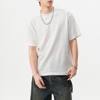 Men T-shirt Round Neck Short Sleeve 3D Striped Jacquard Design Tee Shirt Solid Color Loose Fit Summer Casual Tops