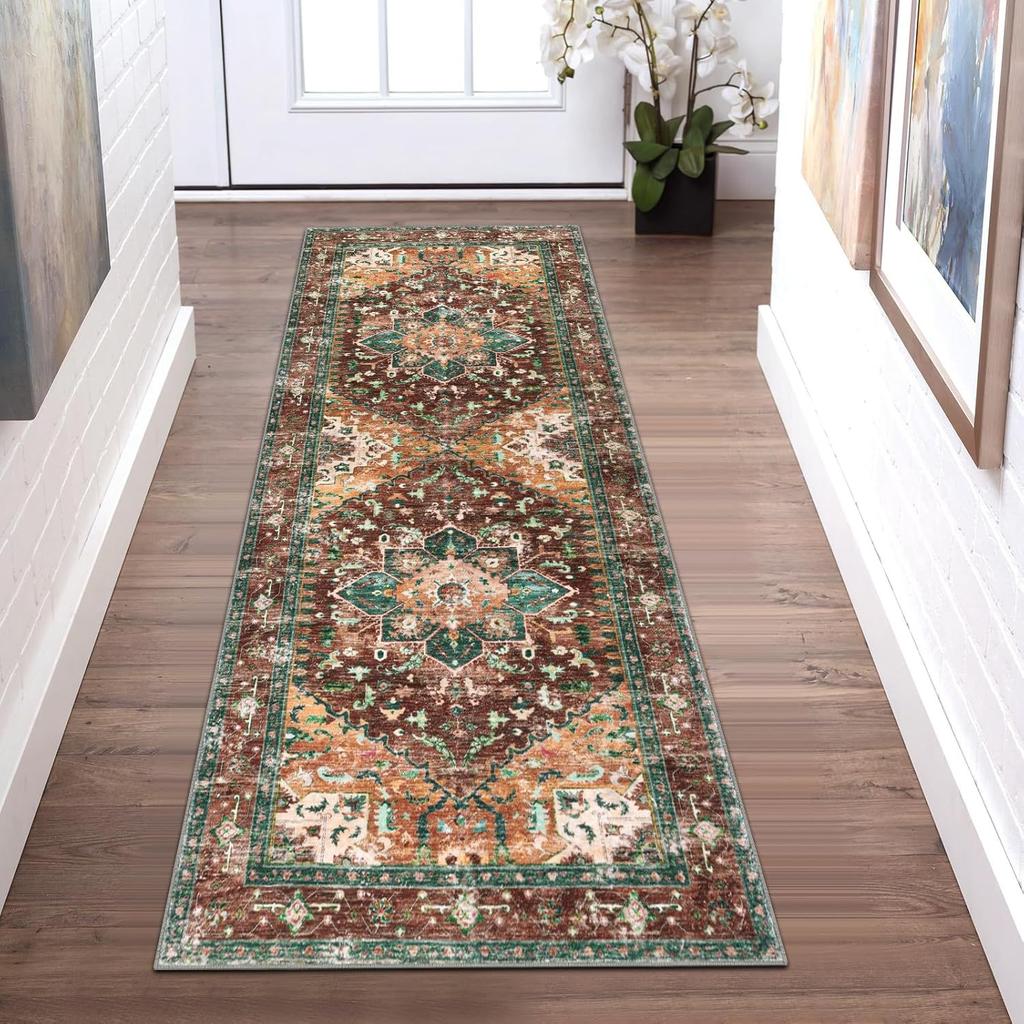 Vintage Green Medallion Runner Rug Hallway Carpet Non Slip Washable Floor Mat Kitchen Rug with Distressed Persian Design
